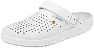 Das Bild zeigt einen weißen Clog mit breitem Riemen und vielen kleinen Löchern. Die Sohle ist leicht und rutschfest, ideal für Komfort und Atmungsaktivität.