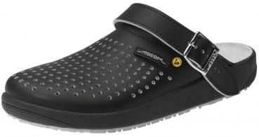 The image shows a dark green clog with ventilation holes. It features an adjustable strap over the foot and a non-slip sole, ideal for comfortable wearing.
