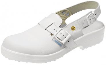 The shoe is a white clog with an open heel area and an adjustable strap. It features a non-slip sole and a padded insole for comfort.