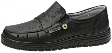The shoe is a light, white leather slipper. It features a padded tongue with Velcro closure and side holes for ventilation. The sole is non-slip and flexible.