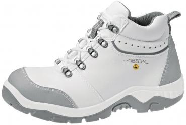Der Schuh ist ein weißer Halbschuh mit grauen Akzenten. Er hat eine hohe Form und Schnürsenkel, mit stabiler Sohle für guten Halt. Seitlich befindet sich eine kleine Markierung.