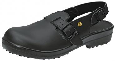 In the picture, there is a black work shoe that is half-closed and equipped with a strap. The sole has a non-slip, molded structure, and the shoe appears sturdy.
