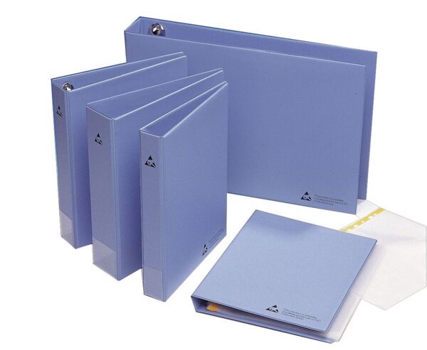 The image shows a blue folder that is open. On the left side is an empty inside cover, and on the right is a sheet with technical drawings and diagrams.