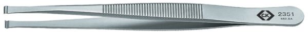 The image shows a fine, silver metal tweezer. It has a slightly curved shape and a ribbed gripping area for better hold. The back side is smooth.