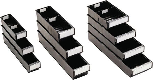 The image shows a black, rectangular storage box without a lid. It has a smooth surface and a transparent front for labeling. Inside, there are compartments for organization.
