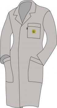 The image shows a gray lab coat. It features a lapel collar, two patch pockets, and a small emblem on the left breast pocket. The coat appears functional and simple.