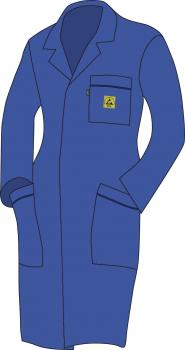 The image shows a long, blue lab coat. It has a collar, a chest pocket with a yellow logo, and two large side pockets. The coat appears simple and functional.
