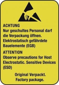 Das Bild zeigt ein gelbes Warnschild. Oben ist ein schwarzes Symbol mit einer Hand und einem Dreieck. Darunter stehen Hinweise zur sicheren Handhabung elektrostatistisch gefährdeter Bauelemente auf Deutsch und Englisch.