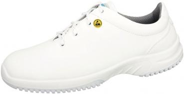 The shoe is a white, sporty sneaker with a smooth surface. It has a non-slip rubber sole and laces. The inside is gray with a breathable material.