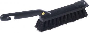 The image shows a black hand broom with a wide, fluffy bristle field and an ergonomic handle. The handle has a small notch for hanging.