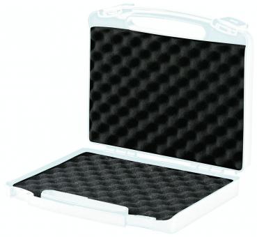 The image shows an open suitcase with a white casing and a black, textured interior. The bottom is equipped with a wavy padding.