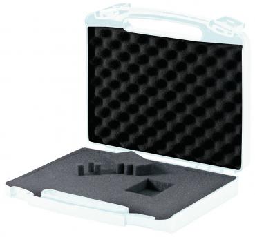 The image shows an open suitcase with a black foam insert. The insert has a textured surface with waves and indentations, ideal for protecting items.