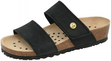The shoe is a black sandal with two wide straps. The bottom is made of brown cork with holes for ventilation. The sole is flexible and has a non-slip surface.