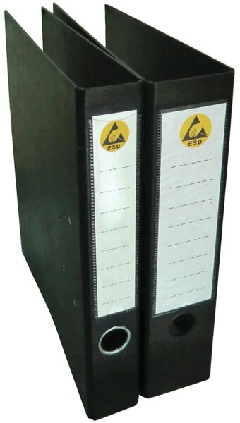 The image shows a black folder with a white labeling field on the front. On one side, it has a hole for easy handling. The folder is positioned upright.