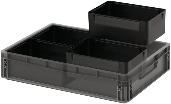 The image shows a rectangular, flat tray made of black plastic. It has smooth sides and a recessed edge, ideal for serving or organizing items.