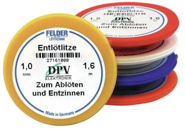 Das Bild zeigt mehrere Rollen Entlötlitze in verschiedenen Farben. Die größte Rolle ist gelb mit einer Beschriftung, die Informationen zur Nutzung und Größe enthält.