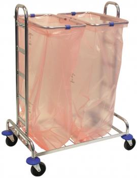 The image shows a rollable metal waste cart with two separate, transparent, pink trash bags. It has four wheels and is sturdily constructed.