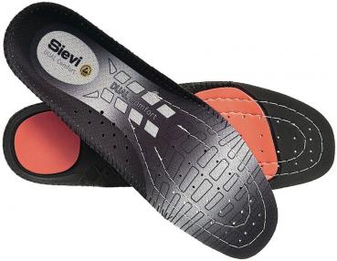 The image shows two insoles. They are predominantly black with a red area at the heel. The top side has small holes and printed patterns for ventilation and cushioning.