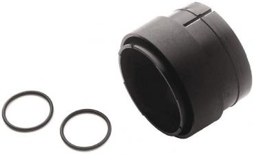 The image shows a black, cylindrical adapter with a divided surface. Next to it are two oval rubber rings that serve as seals.