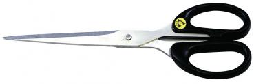The image shows a pair of scissors with long, narrow blades made of silver metal and black plastic handles. The blades are sharp and pointed, ready for cutting.