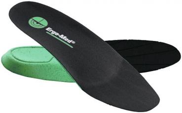 The image shows two inserts for shoes. The upper insert is black with a narrow, curved design. The lower insert is green and has a wider shape. Both have different surface textures.