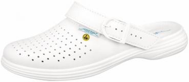 Der Schuh ist ein weißer Clog mit einem offenen Rücken. Er hat ein breites, verstellbares Riemchen und viele kleine Löcher zur Belüftung. Die Sohle ist leicht und geschwungen.
