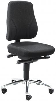 The office chair has a simple, black upholstery and an ergonomic backrest. It stands on a chrome-plated base with five casters that allow for mobility.