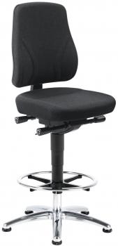 The chair has a high, padded backrest and a black seat. The height is adjustable. It stands on a chrome base with five casters.