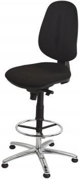 The chair has a black, padded seat and backrest. It stands on a chrome-plated base with casters and features a glide mechanism for height adjustment.