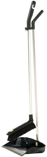 The picture shows a long-handled broom with a black dustpan and an accompanying brush. The style is metallic and has two handles for holding.