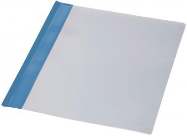 The image shows a transparent case or folder with a blue top tab. The case is rectangular and is used for storing documents.