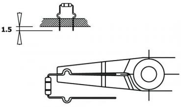 The image displays technical drawings of a component. The top shows a side view with a dimension of 1.5. Below is a detailed top view with additional lines and shape elements.