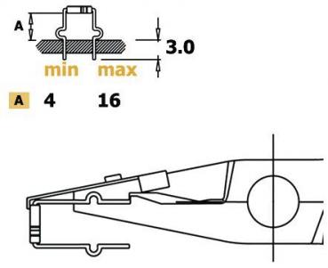 The image displays technical drawings. The top shows a cross-section with height measurements (3.0) and minimum (4) and maximum (16) values for a dimension. Below is a side view of an object.
