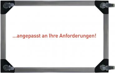 The image displays an empty frame with corners made of black plastic and a gray metal frame. In the center, it reads in red text "?...tailored to your requirements!?".