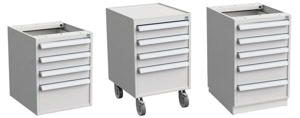 Der Bild zeigt einen grauen Rollcontainer mit fünf Schubladen. Er hat eine glatte Oberfläche oben und vier Rollen unten, die das Bewegen erleichtern.