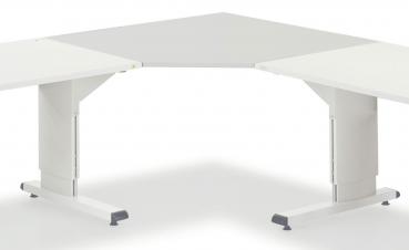Das Bild zeigt einen weißen, eckigen Schreibtisch mit zwei abzunehmenden Montageplatten. Er hat stabile Beine und ist modern gestaltet. Ideal für Büros.