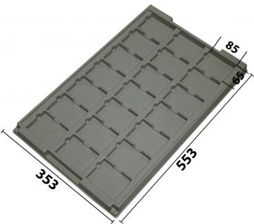The image displays a gray plastic mold with 16 rectangular indentations. The dimensions are 553 mm long, 353 mm wide, and 85 mm high. The mold has a flat top and is sturdy.