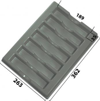 Das Bild zeigt eine rechteckige, graue Platte mit mehreren länglichen Vertiefungen. Die Maße sind 362 mm lang, 263 mm breit und 35 mm hoch. Die Vertiefungen sind gleichmäßig angeordnet.