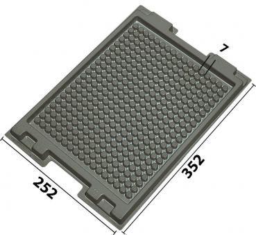 The image shows a gray, flat plate with a textured surface covered with many small, round elevations. The dimensions are 252 mm x 352 mm and 7 mm thick.