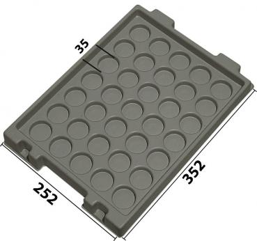 The image shows a rectangular plate with 36 round indentations. The dimensions are 252 mm x 352 mm. It is gray and has cutouts for the handle at two lower corners.