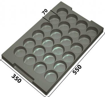 Das Bild zeigt eine graue Kunststoffplatte mit 24 runden Vertiefungen. Die Platte hat die Maße 350 mm in der Breite und 550 mm in der Länge, mit einem schmalen Bereich von 70 mm an einer Seite.