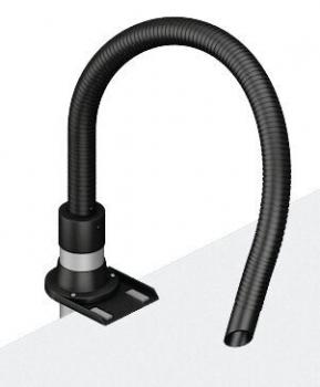 The image shows a flexible hose with a black, spiral surface, attached to a solid holder. The hose curves and ends in an open, round opening.