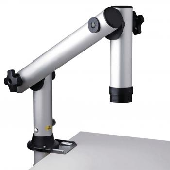 The image displays a flexible, silver arm of a swivel or projection device. It has distinct joints and a mount that is attached to a table.