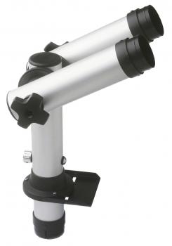 The image shows a telescopic extension with two elongated tubes made of silver metal. The tubes are attached at a joint and have black eyelets at the ends. There is a mount at the bottom.