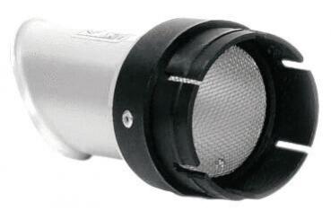 The image displays a silver exhaust with a black edge. At the front, there is a round, metallic grille insert visible that protects the opening.