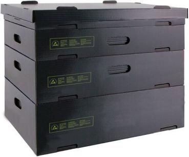 The image shows a black, rectangular cardboard box without a lid. It has two notches as handles on the longer sides. The inside is also black.