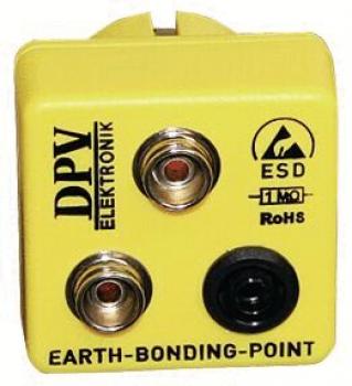 The image shows a yellow electrical contact point with three sockets: two round, one red, one silver, and one black socket. Above it reads "DPV ELEKTRONIK" and symbols for ESD and RoHS.