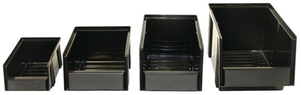 The image shows a black, rectangular container with an open front. It has vertical grooves on the sides and a beveled back. Ideal for storing small items.