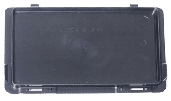 The image shows a rectangular, flat black plastic plate. It has slightly raised edges and is situated on a flat surface. There are no distinct patterns or texts visible.