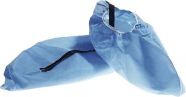 The image shows two blue overshoes made from a lightweight, flexible material. They have an elastic edge and are intended for single use to protect the floor.